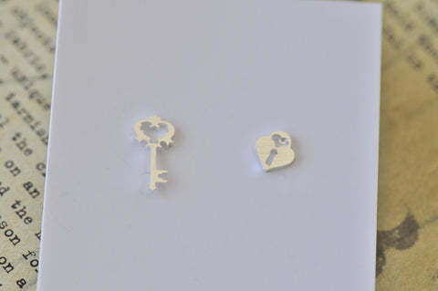 Silver - Stainless Steel Lock and Key Cutout Mini Dainty Minimalist Stud Earrings