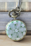 Green Mandala Design Kaleidoscope Pocket Watch Necklace