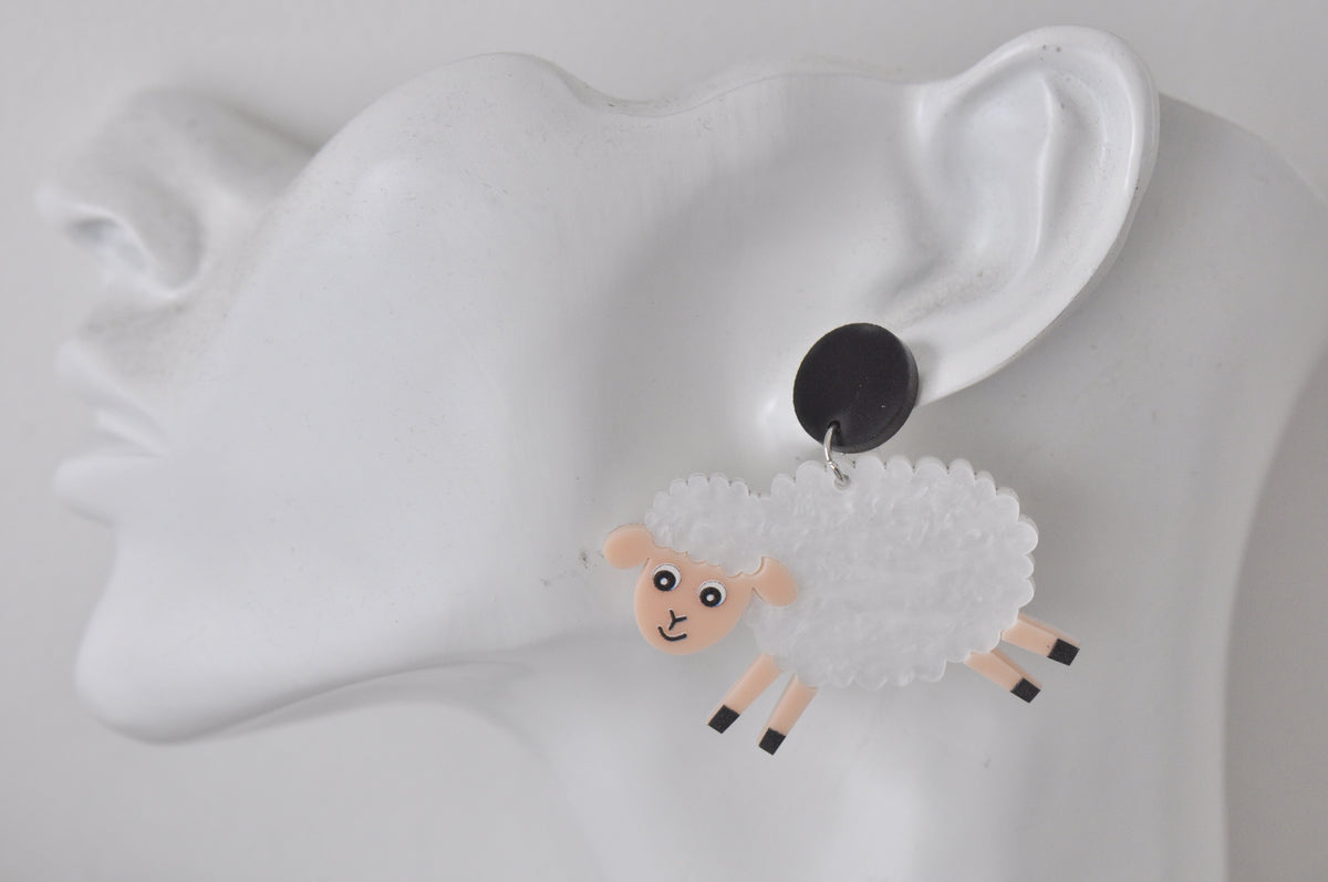 Acrylic Farm Animal Sheep Drop Dangle Earrings