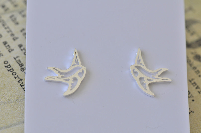 Silver - Stainless Steel Bird Swallow Cutout Mini Dainty Minimalist Stud Earrings
