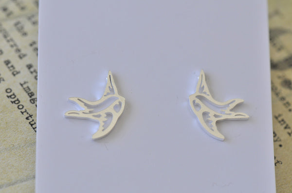 Silver - Stainless Steel Bird Swallow Cutout Mini Dainty Minimalist Stud Earrings