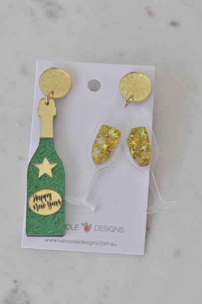 Acrylic Happy New Year Champagne Sparkling Wine Celebration Prosecco Dangle Earrings