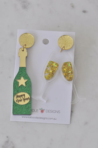 *** Acrylic Happy New Year Champagne Sparkling Wine Celebration Prosecco Dangle Earrings