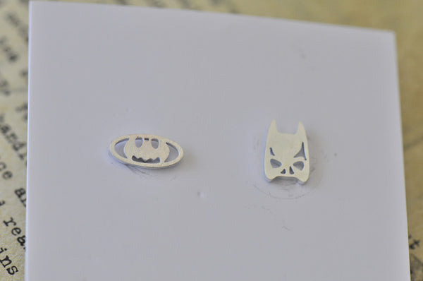 Silver - Stainless Steel Batman Cutout Mini Dainty Minimalist Stud Earrings