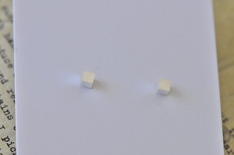 Silver - Stainless Steel Square Cube Cutout Mini Dainty Minimalist Stud Earrings