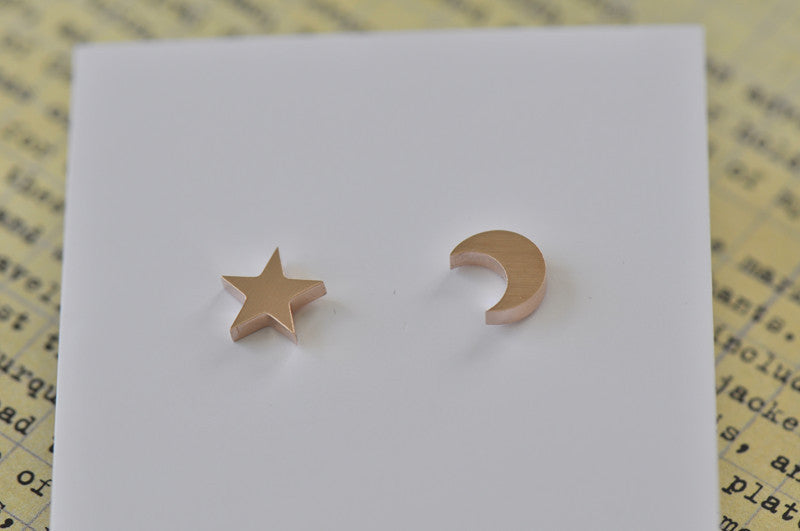 Rose Gold - Stainless Steel Star and Moon Cutout Mini Dainty Stud Earrings