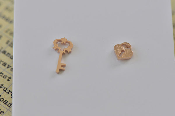 Rose Gold - Stainless Steel Lock and Key Cutout Mini Dainty Stud Earrings