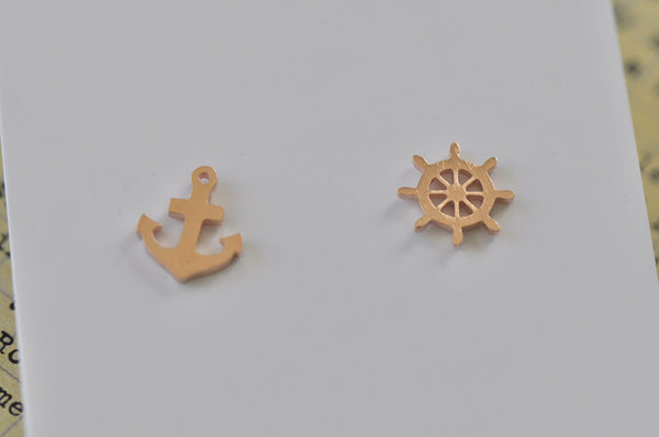 Rose Gold - Stainless Steel Anchor and Wheel Cutout Mini Dainty Stud Earrings