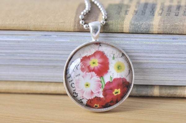 Handmade 30mm Glass Pendant Necklace - Vintage Flowers