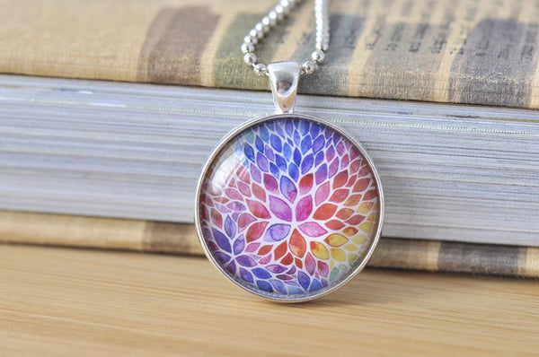 Handmade 30mm Glass Pendant Necklace - Rainbow Watercolour