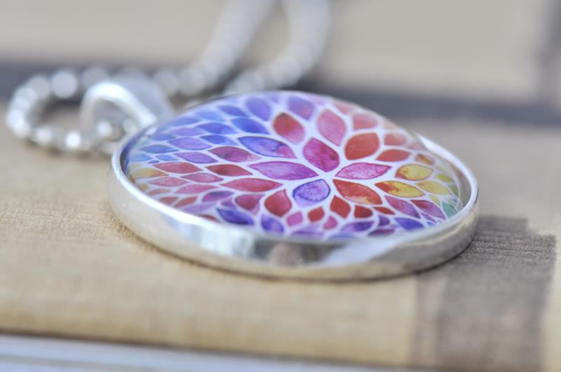 Handmade 30mm Glass Pendant Necklace - Rainbow Watercolour