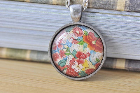 Handmade 25mm Glass Pendant Necklace - Japanese Flower 2