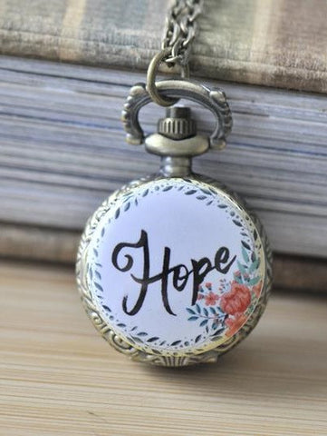 Handmade Artwork Stainless Steel Pocket Watch Necklace - Flower Wreath HOPE