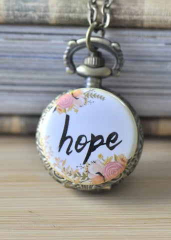 Handmade Artwork Stainless Steel Pocket Watch Necklace - Bohemian Flower Wreath HOPE