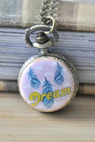 Handmade Artwork Stainless Steel Pocket Watch Necklace - Bohemian Feather Dream Script