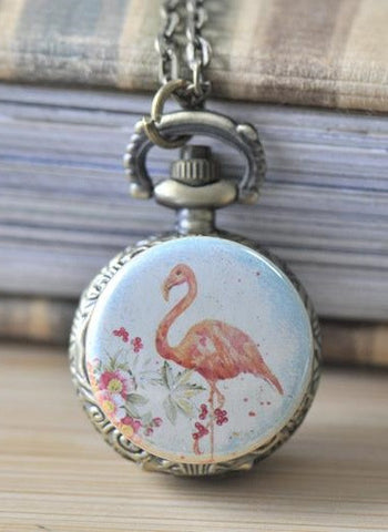 Handmade Artwork Stainless Steel Pocket Watch Necklace - Flamingo