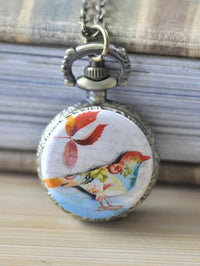 Bronze pocket watch necklace with colourful bird and autumn leaf artwork on the case