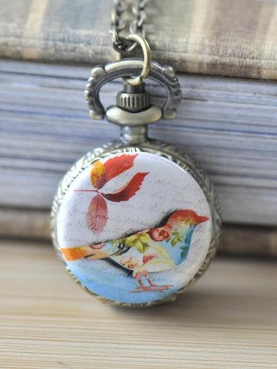 Handmade Artwork Stainless Steel Pocket Watch Necklace - Colourful Bird