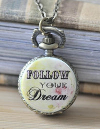 Antique bronze pocket watch necklace with Follow Your Dream quote on watercolour style cover