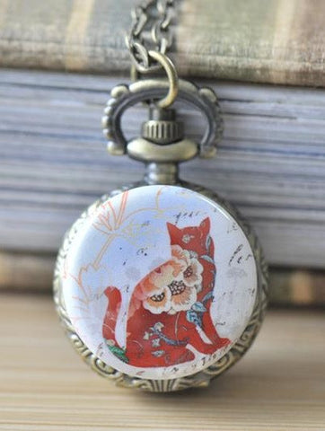 Handmade Artwork Stainless Steel Pocket Watch Necklace - Colourful Cat