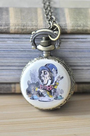 Handmade Artwork Stainless Steel Pocket Watch Necklace - Mad Hatter