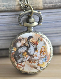 Alice in Wonderland pocket watch necklace pendant featuring the Dodo bird artwork
