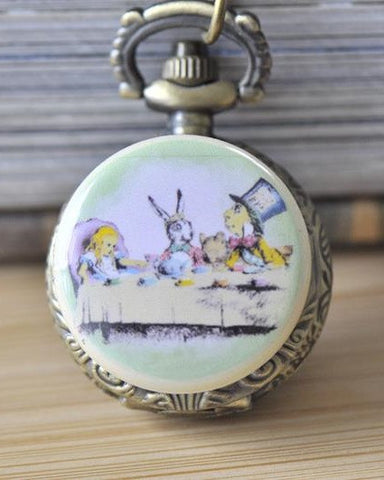 Handmade Artwork Stainless Steel Pocket Watch Necklace - Alice In Wonderland Mad Hatter Tea Party