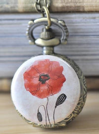 Antique bronze pocket watch necklace featuring a red poppy watercolour design