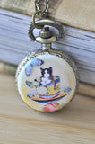 Handmade Artwork Stainless Steel Pocket Watch Necklace - Vintage Cat in a Tea Cup