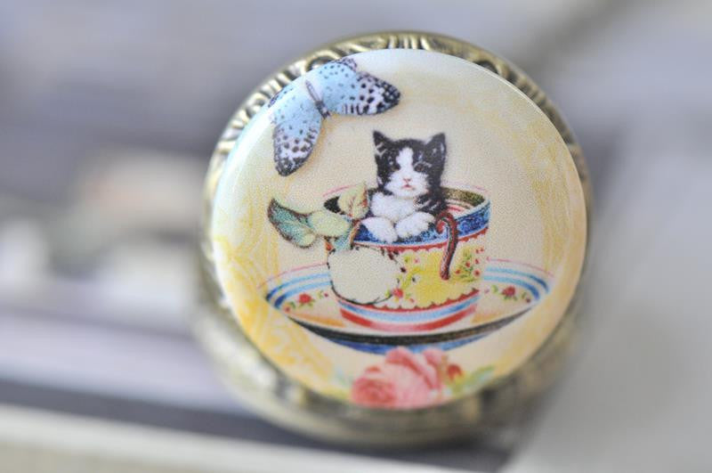 Handmade Artwork Stainless Steel Pocket Watch Necklace - Vintage Cat in a Tea Cup