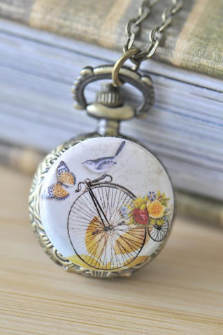 Handmade Artwork Stainless Steel Pocket Watch Necklace - Vintage Bird on a Penny Farthing