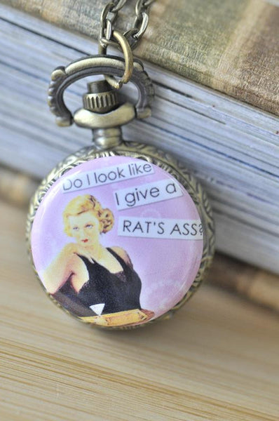 Handmade Artwork Stainless Steel Pocket Watch Necklace - Retro Pin Up Girl - Do I look Like I Give A Rat's Ass