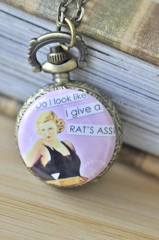 Handmade Artwork Stainless Steel Pocket Watch Necklace - Retro Pin Up Girl - Do I look Like I Give A Rat's Ass