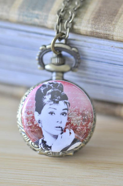 Handmade Artwork Stainless Steel Pocket Watch Necklace - Audrey Hepburn in Red Script