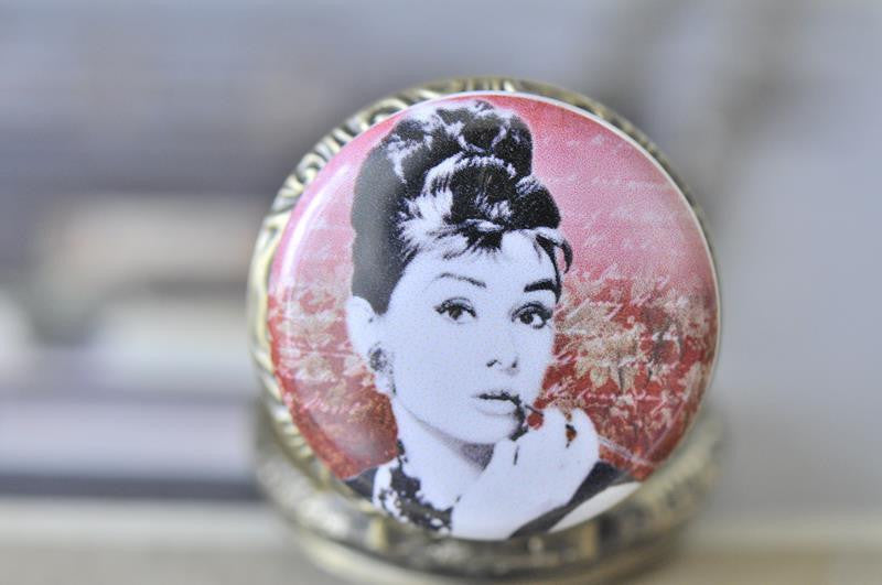 Handmade Artwork Stainless Steel Pocket Watch Necklace - Audrey Hepburn in Red Script