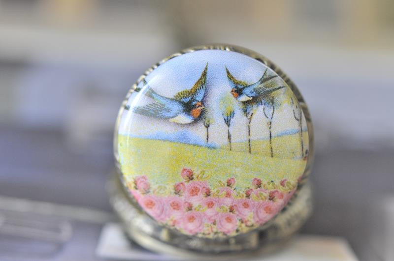 Handmade Artwork Stainless Steel Pocket Watch Necklace - Vintage Birds over Rose Field