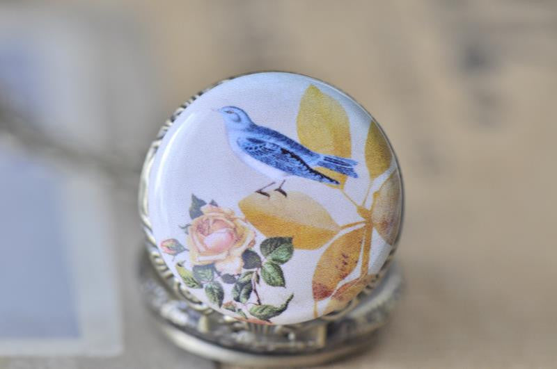 Handmade Artwork Stainless Steel Pocket Watch Necklace - Vintage Bird and Rose