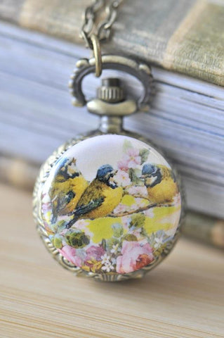 Handmade Artwork Stainless Steel Pocket Watch Necklace - Vintage Trio of Birds