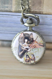 Bronze pocket watch necklace with vintage illustration of a kitten playing violin and sparrows