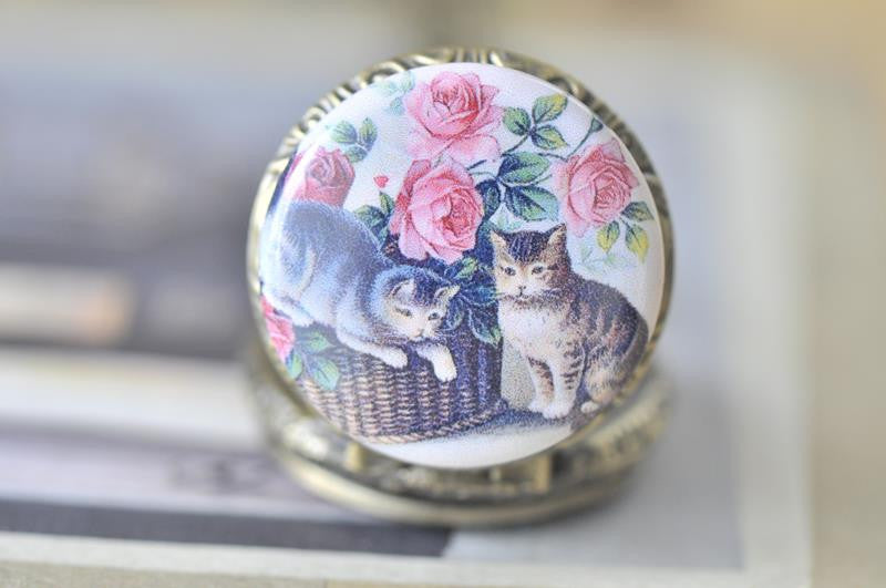 Handmade Artwork Stainless Steel Pocket Watch Necklace - Vintage Cat with Roses