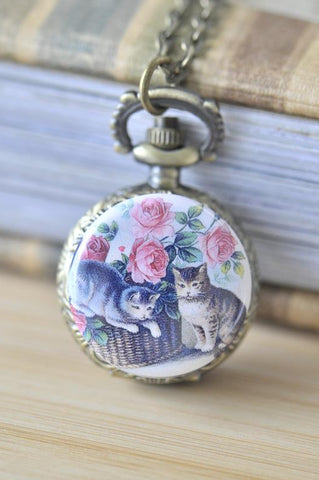 Handmade Artwork Stainless Steel Pocket Watch Necklace - Vintage Cat with Roses