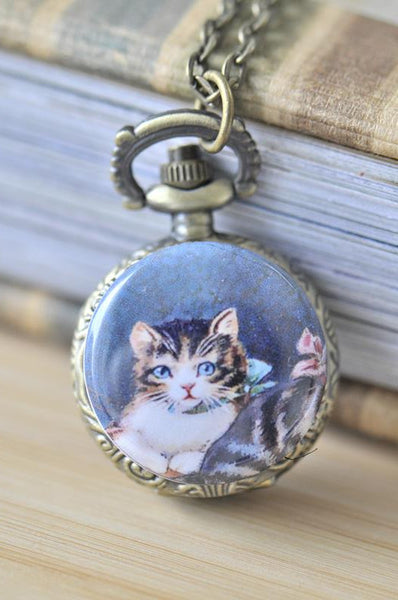 Handmade Artwork Stainless Steel Pocket Watch Necklace - Vintage Cat