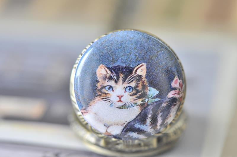 Handmade Artwork Stainless Steel Pocket Watch Necklace - Vintage Cat