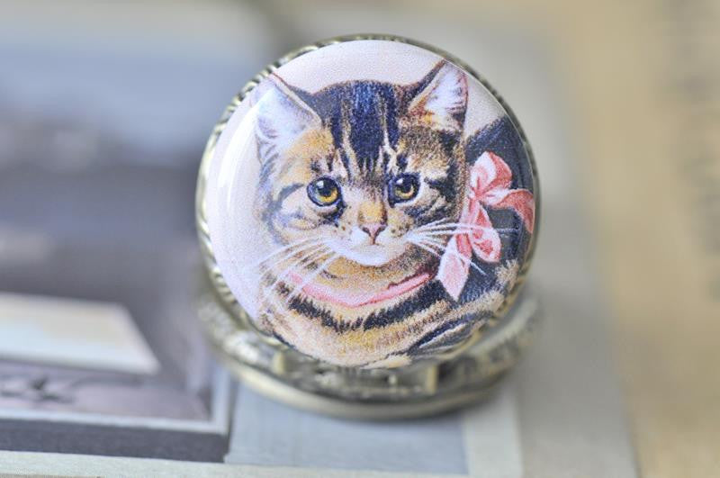Handmade Artwork Stainless Steel Pocket Watch Necklace - Vintage Cat with Bow
