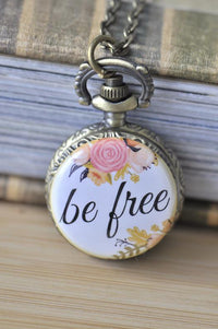 Antique bronze pocket watch necklace with floral be free design and pink roses