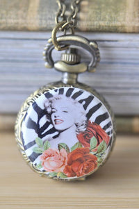Marilyn Monroe pocket watch necklace with zebra print and rose artwork pendant