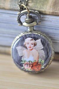 Marilyn Monroe pocket watch necklace pendant with roses and Happy Day script on bronze case