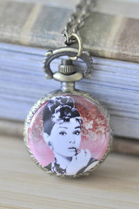 Audrey Hepburn pocket watch necklace pendant with red floral background design