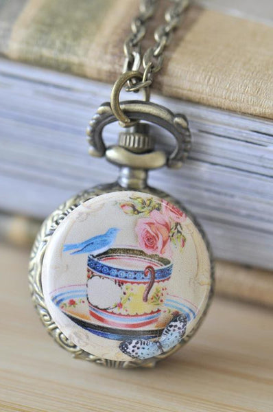Handmade Artwork Stainless Steel Pocket Watch Necklace - Vintage Bird On A Tea Cup