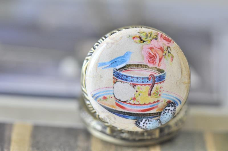 Handmade Artwork Stainless Steel Pocket Watch Necklace - Vintage Bird On A Tea Cup